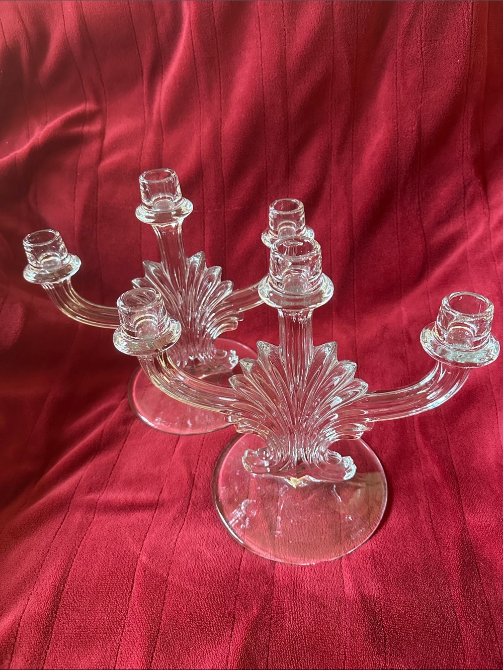 Clear Glass Three-Arm Candelabras Pair - Elegant Leaf Motif
